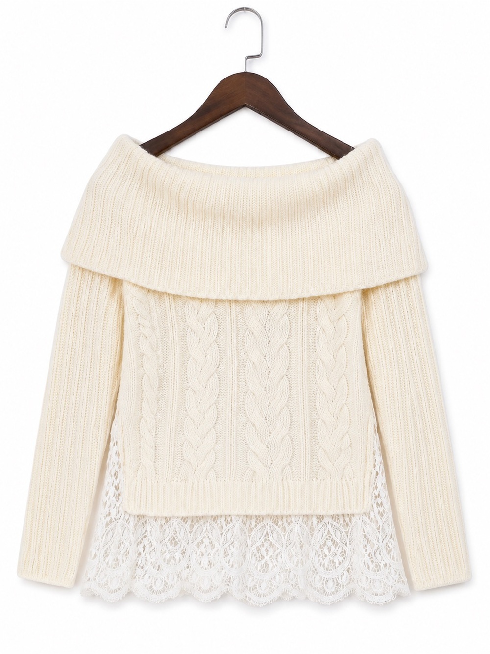 Knox Rose Cream Off-the-Shoulder Cable Knit Sweater with Lace Trim